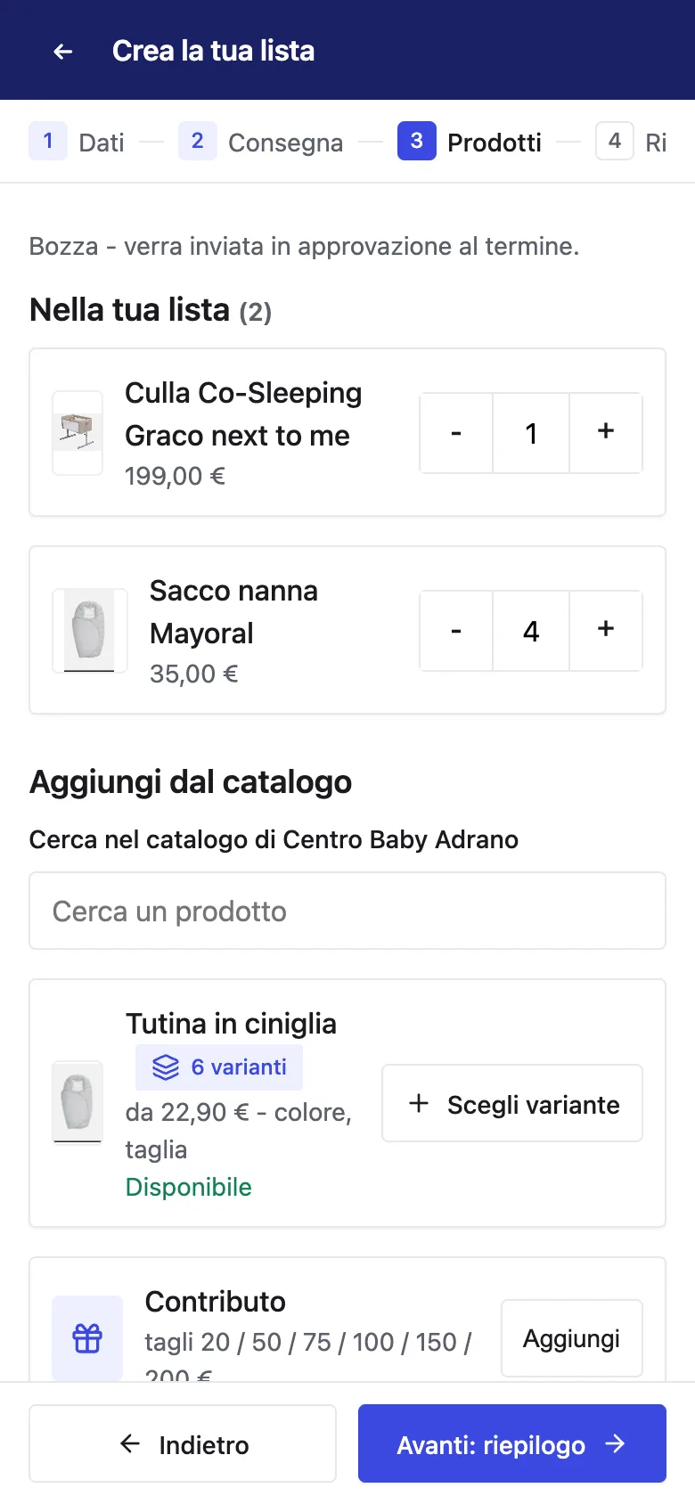 Creazione della lista: prodotti scelti dal catalogo del negozio