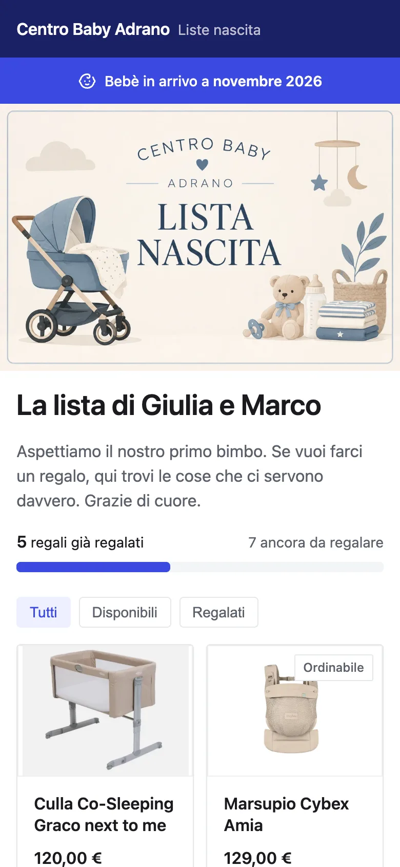 La lista nascita vista dal telefono di chi regala