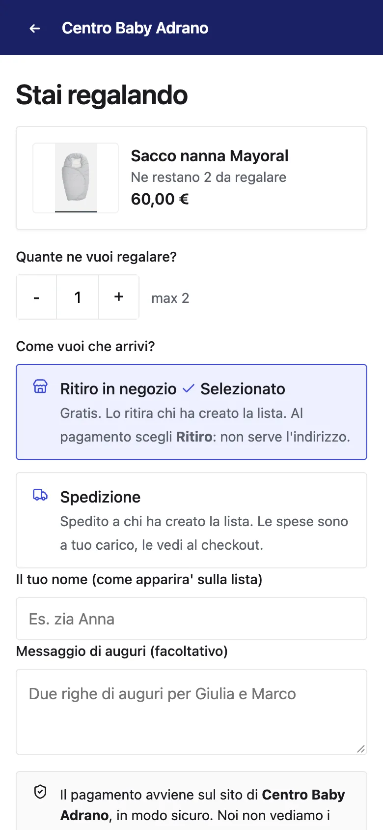 La pagina del regalo: quantit&agrave;, ritiro in negozio o spedizione, messaggio di auguri